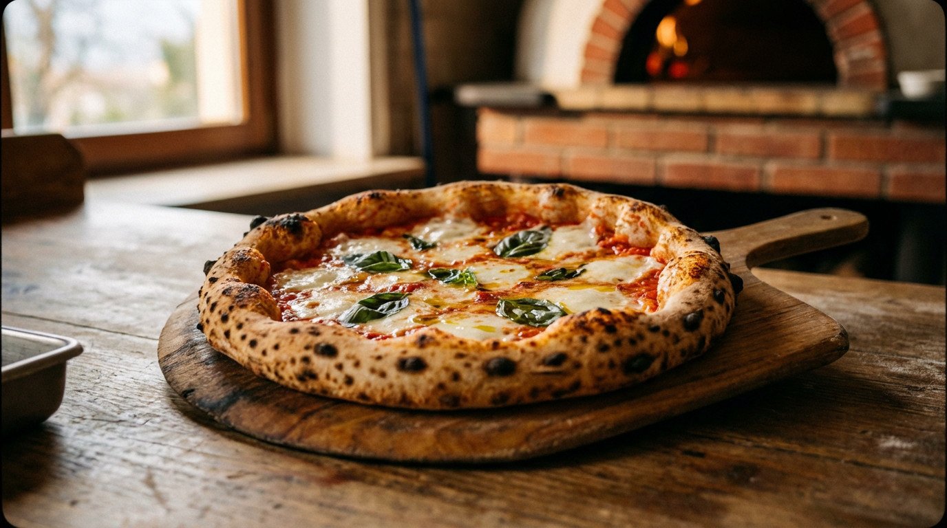 Authentic Neapolitan pizza with a fluffy cornicione and fresh ingredients, representing STG certification.
