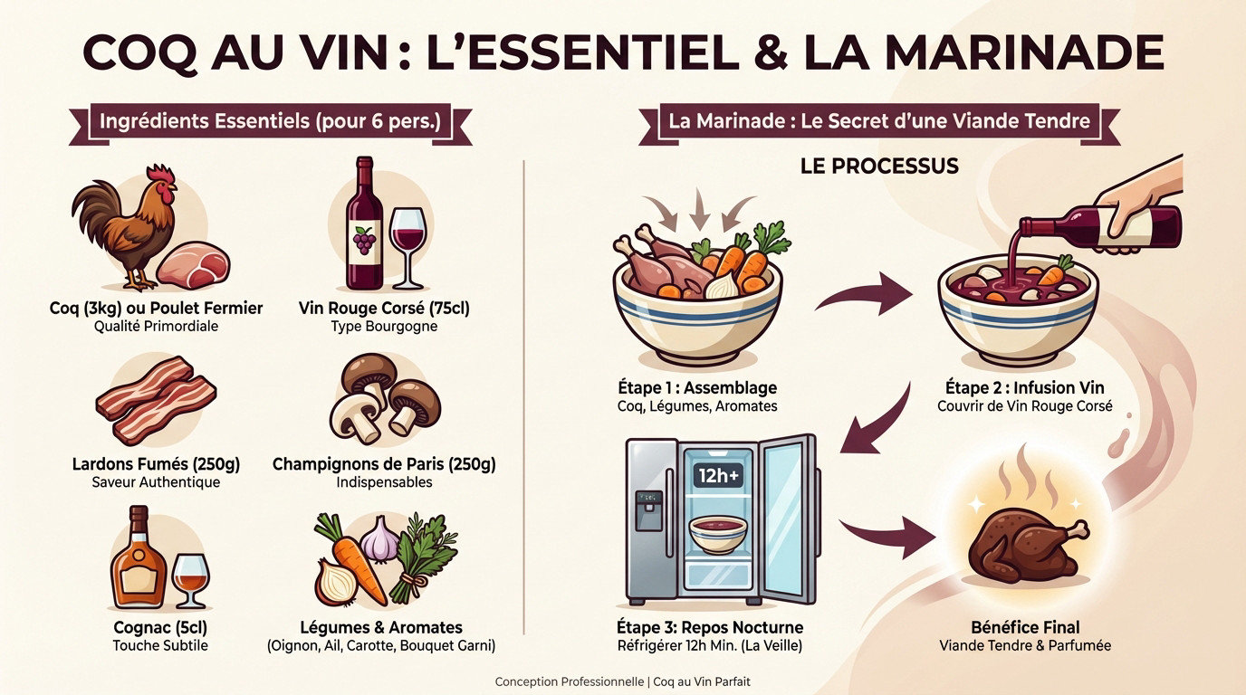 coq au vin Préparation de la marinade pour coq au vin avec ingrédients frais et vin rouge