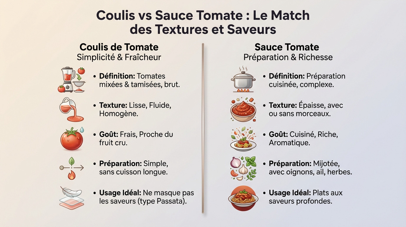 Comparaison de texture entre un coulis lisse et une sauce tomate épaisse pour pizza