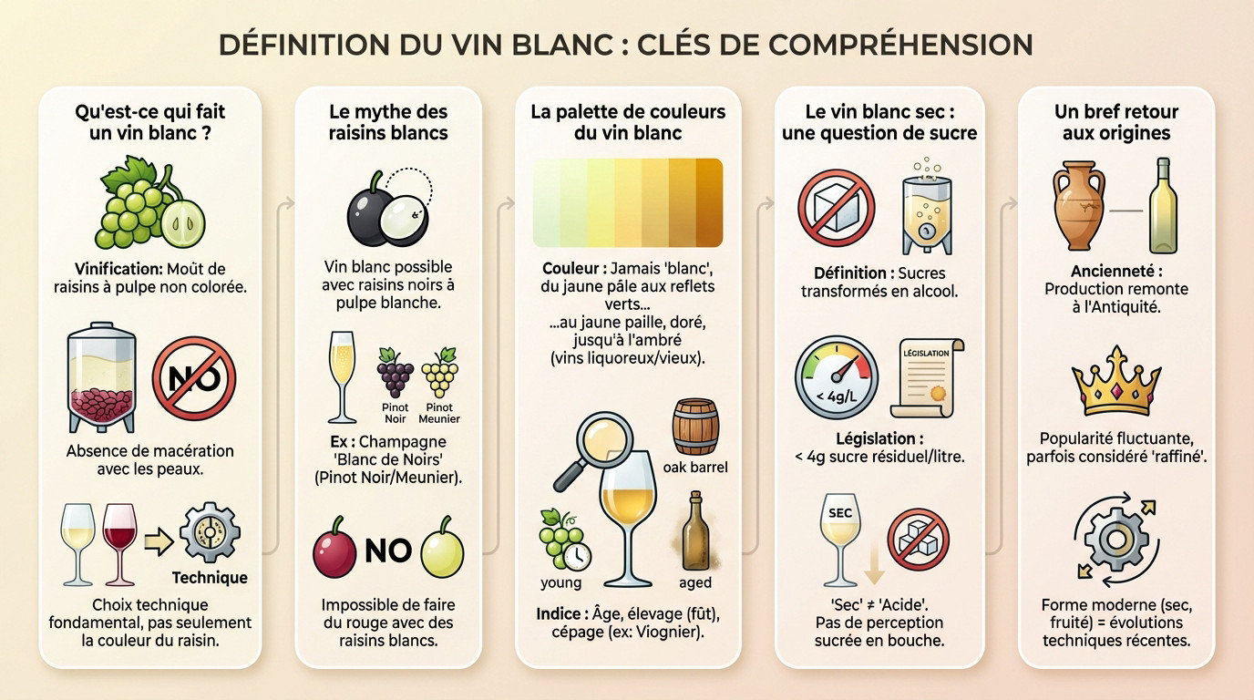 Verres de vin blanc illustrant les différentes nuances de robe et la diversité des cépages