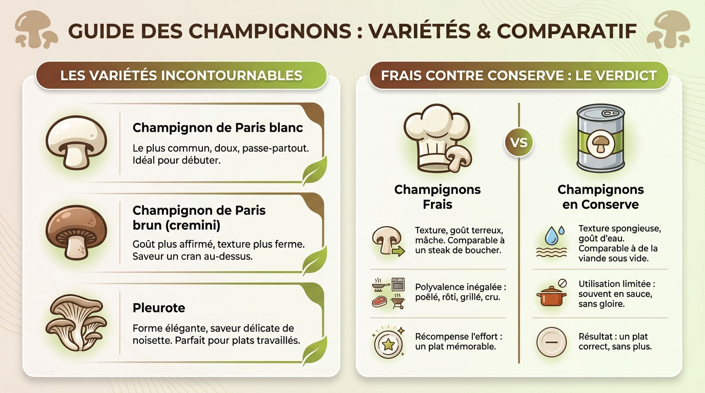 Champignons Comparatif visuel entre champignon de Paris blanc, brun et pleurote pour bien choisir ses variétés