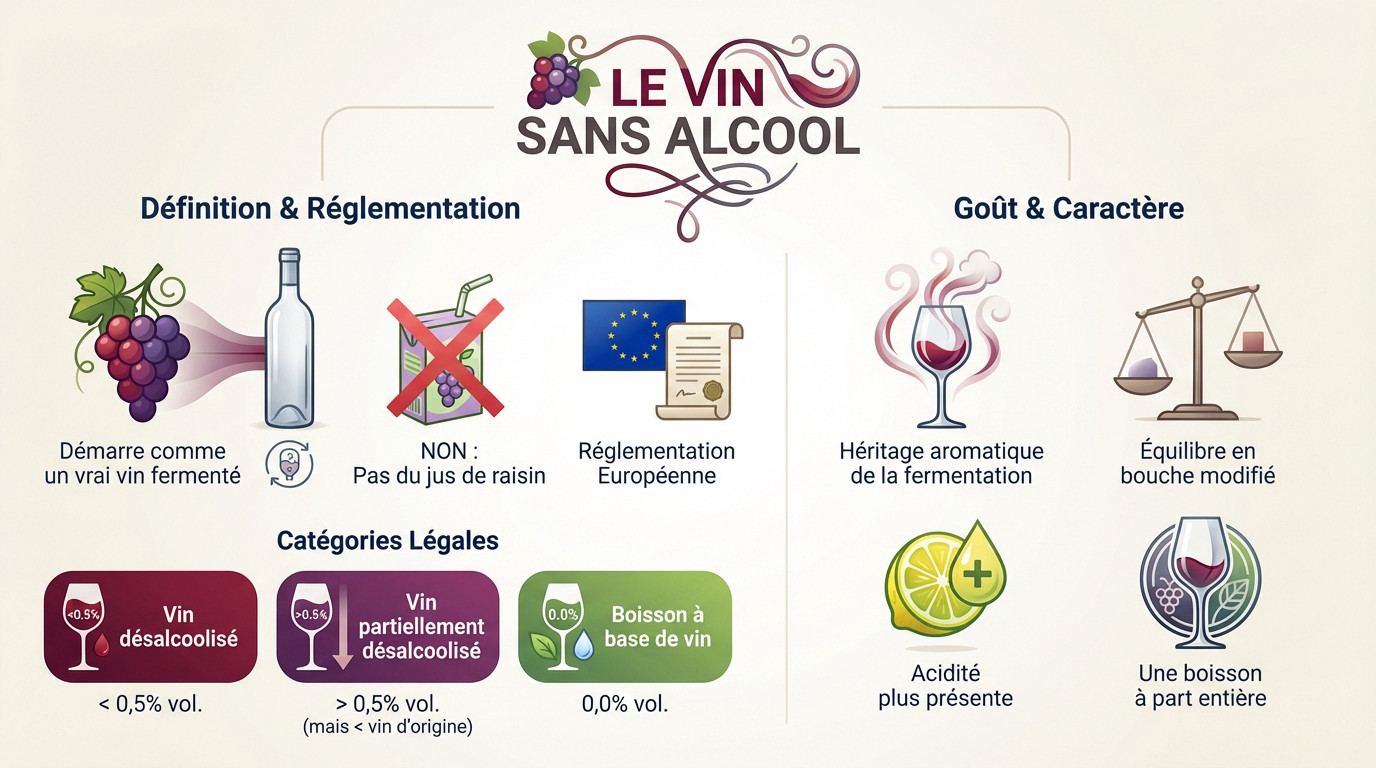 Vin sans alcool Infographie explicative sur la production et les caractéristiques du vin sans alcool