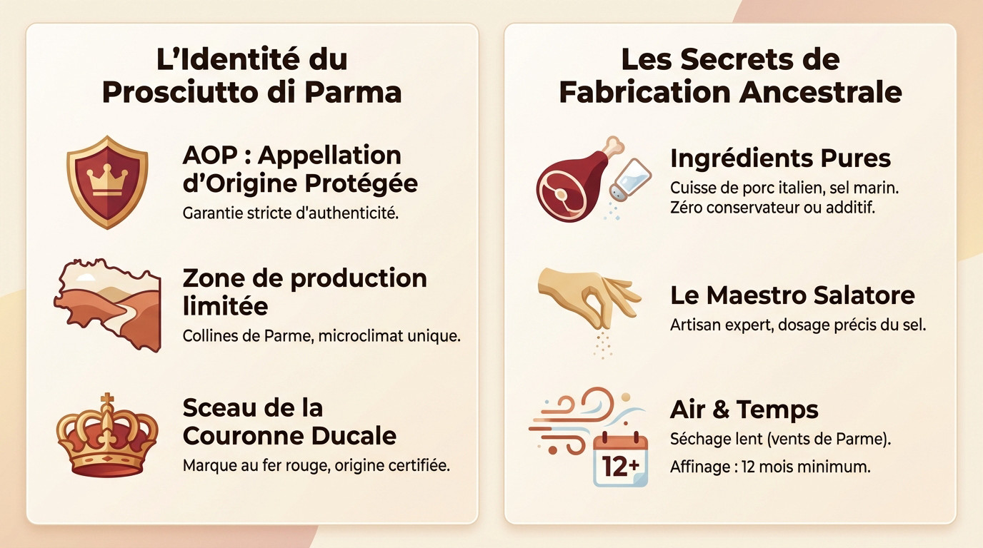 Jambon de Parme Infographie détaillant l'essence et le processus de fabrication du Prosciutto di Parma