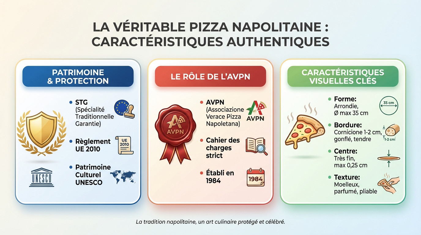 Schéma des caractéristiques visuelles et dimensions d'une véritable pizza napolitaine