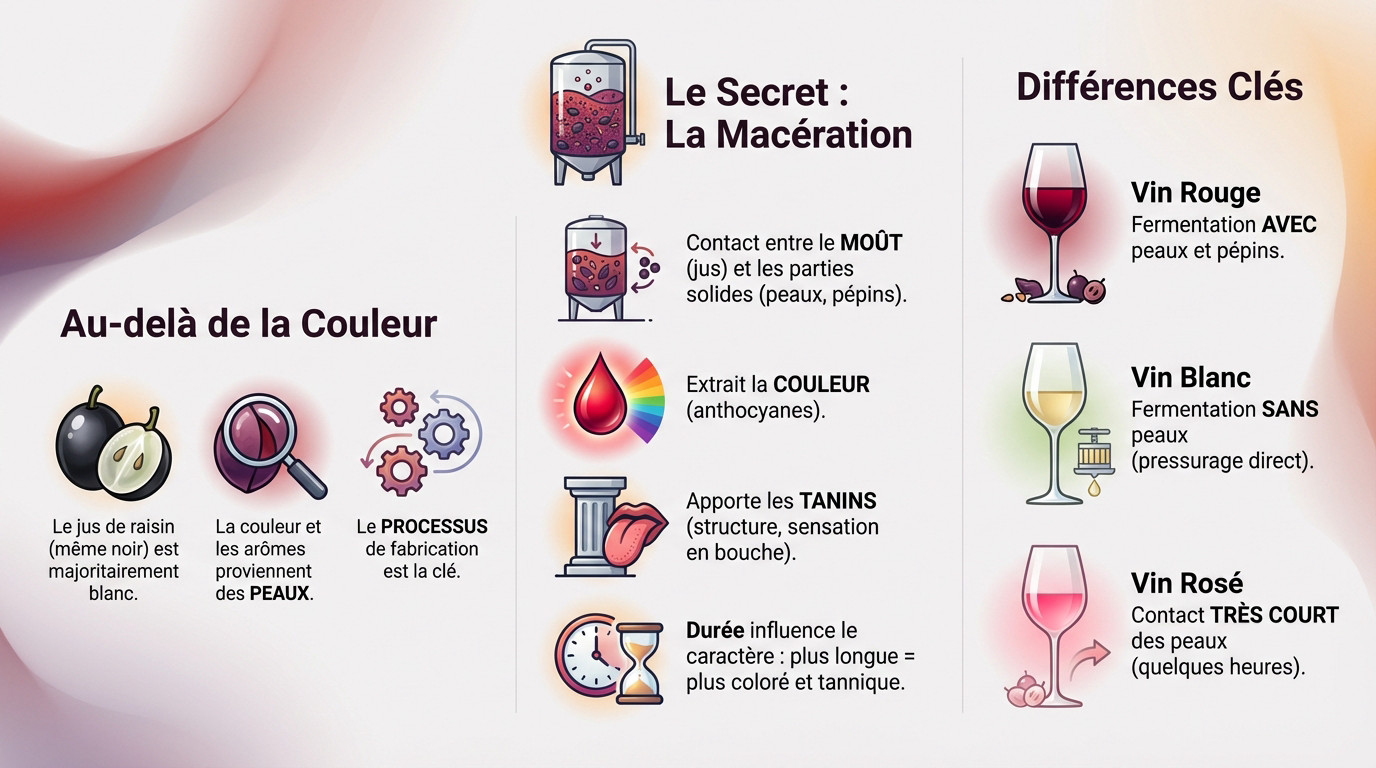 Schéma explicatif de la vinification du vin rouge montrant la macération avec les peaux et la différence de couleur