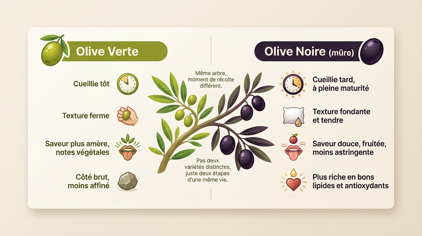 Olives noires Comparaison entre des olives vertes et des olives noires à différents stades de maturité sur une branche d'olivier