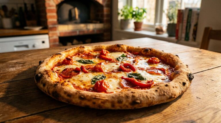 Pizza maison avec pâte croustillante et garnitures fraîches, prête à être dégustée