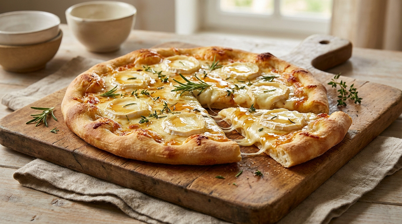 Pizza chèvre miel avec fromage de chèvre et miel sur croûte dorée