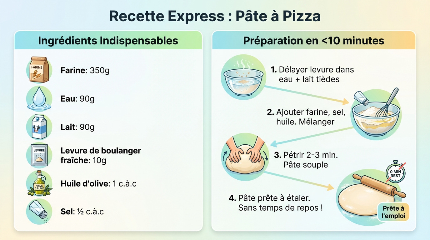 Ingrédients et préparation d'une pâte à pizza express sur plan de travail