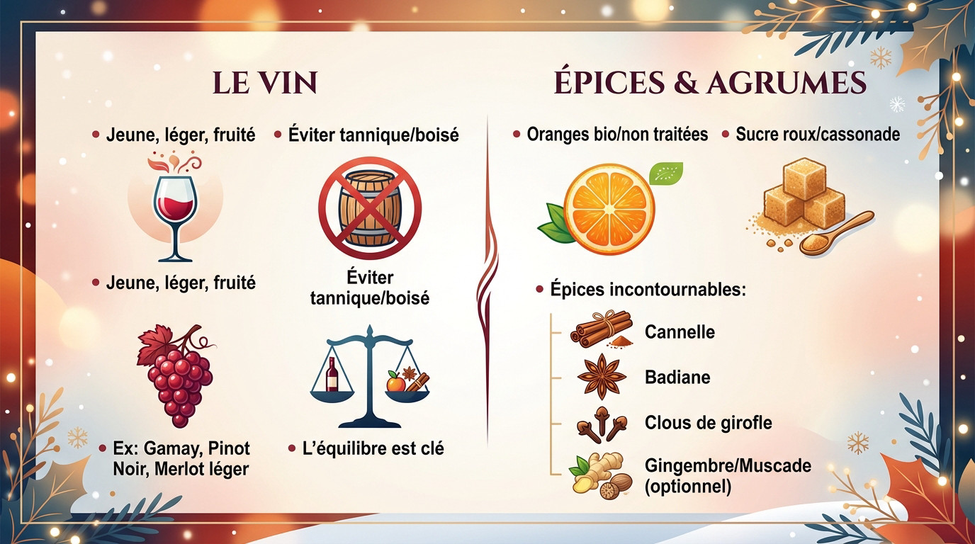 Ingrédients essentiels pour préparer un vin chaud maison : vin rouge, épices et oranges