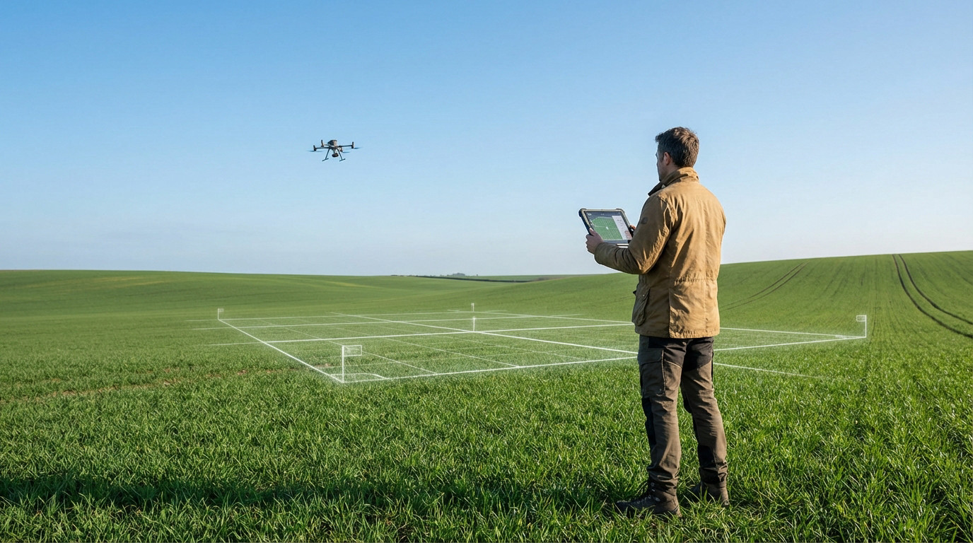 Man in a field operates a tablet, controlling a drone for precise land measurement. Digital grid lines mark the vibrant green landscape.