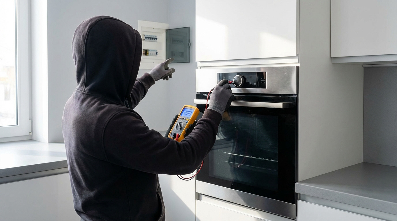Anonymous individual in gloves using multimeter to inspect a modern oven's control panel and an open electrical panel in a kitchen.