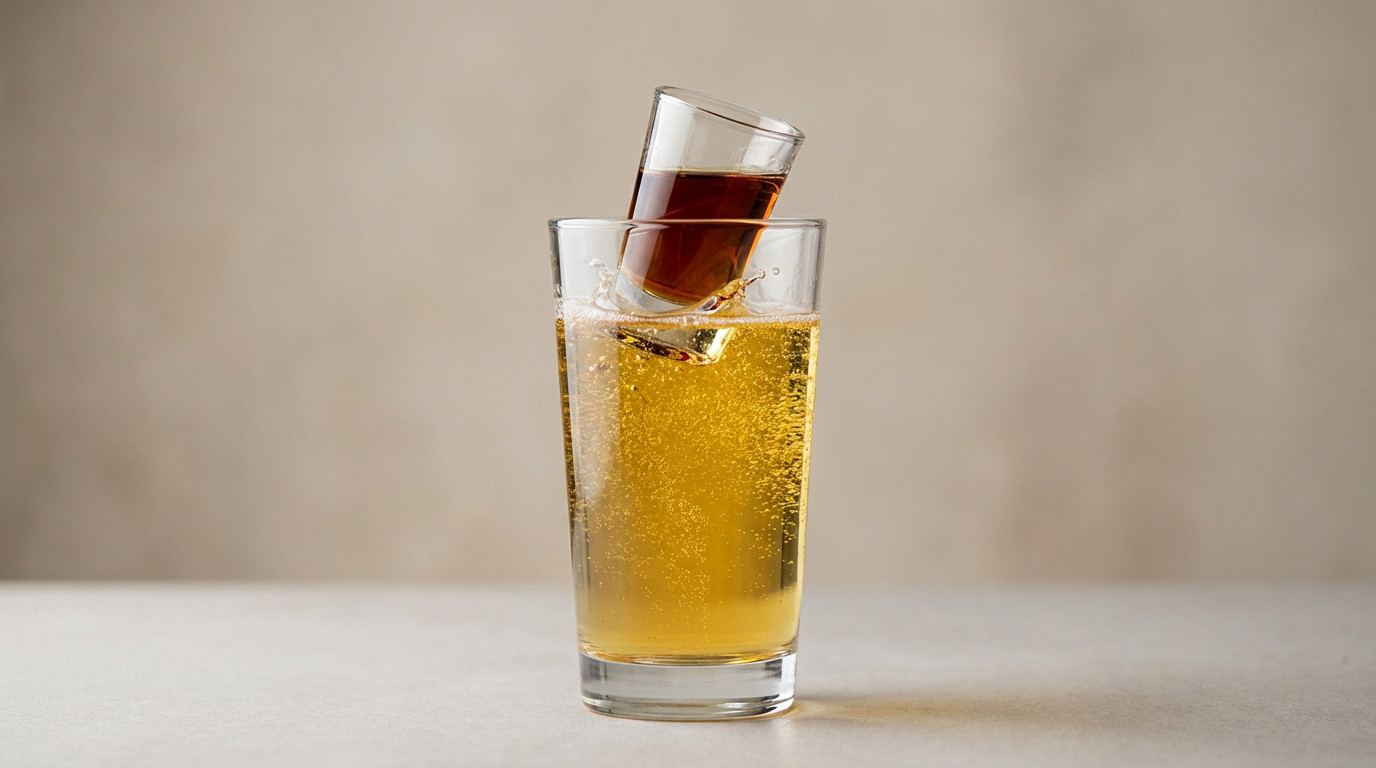 A clear shot glass with dark amber liquid splashes into a highball glass of effervescent golden liquid, against a neutral background.