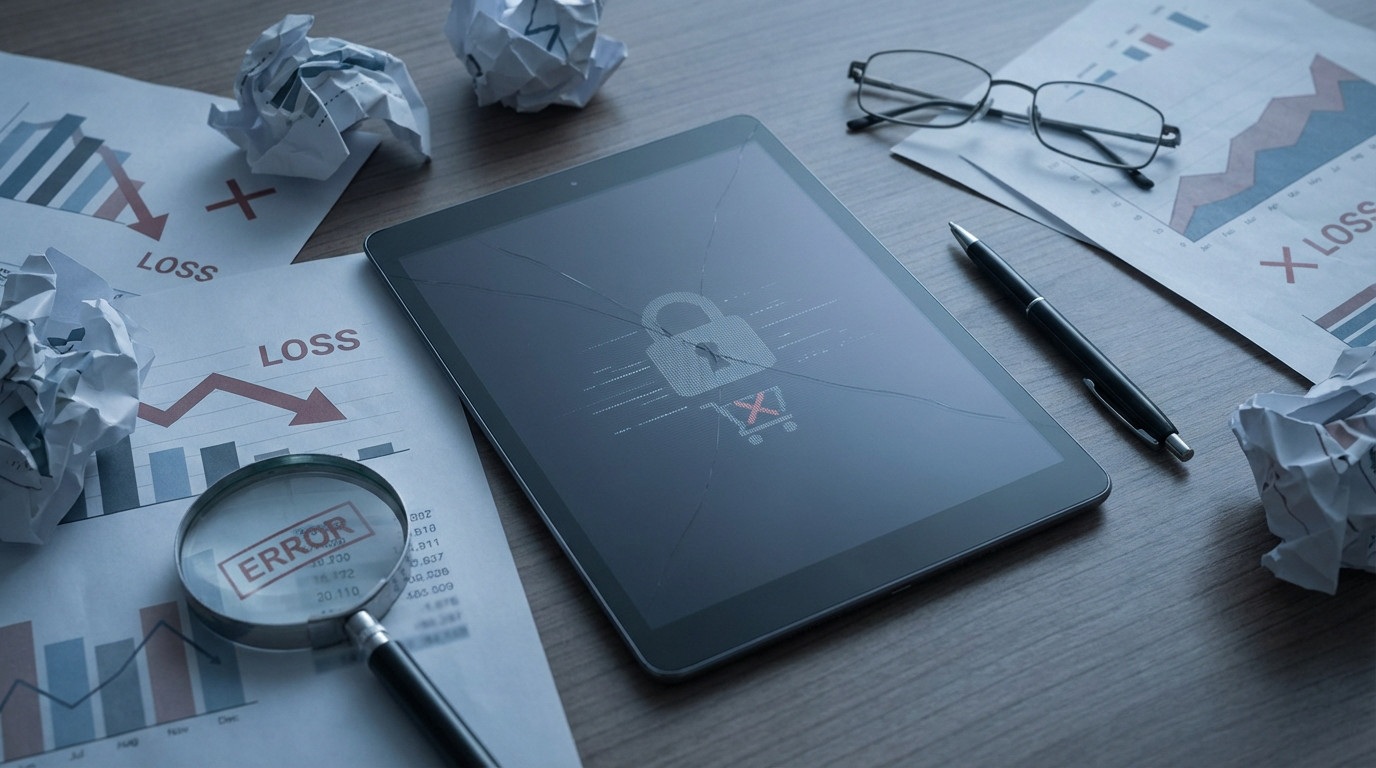Desk with cracked tablet showing 'site closed' icon, crumpled 'LOSS' financial documents, magnifying glass. Depicts e-commerce business failure.