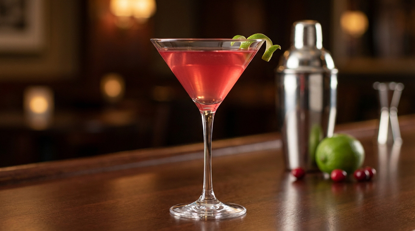 High-res Cosmopolitan cocktail in martini glass, vibrant pink with lime twist. Blurred shaker, lime, cranberries on bar.