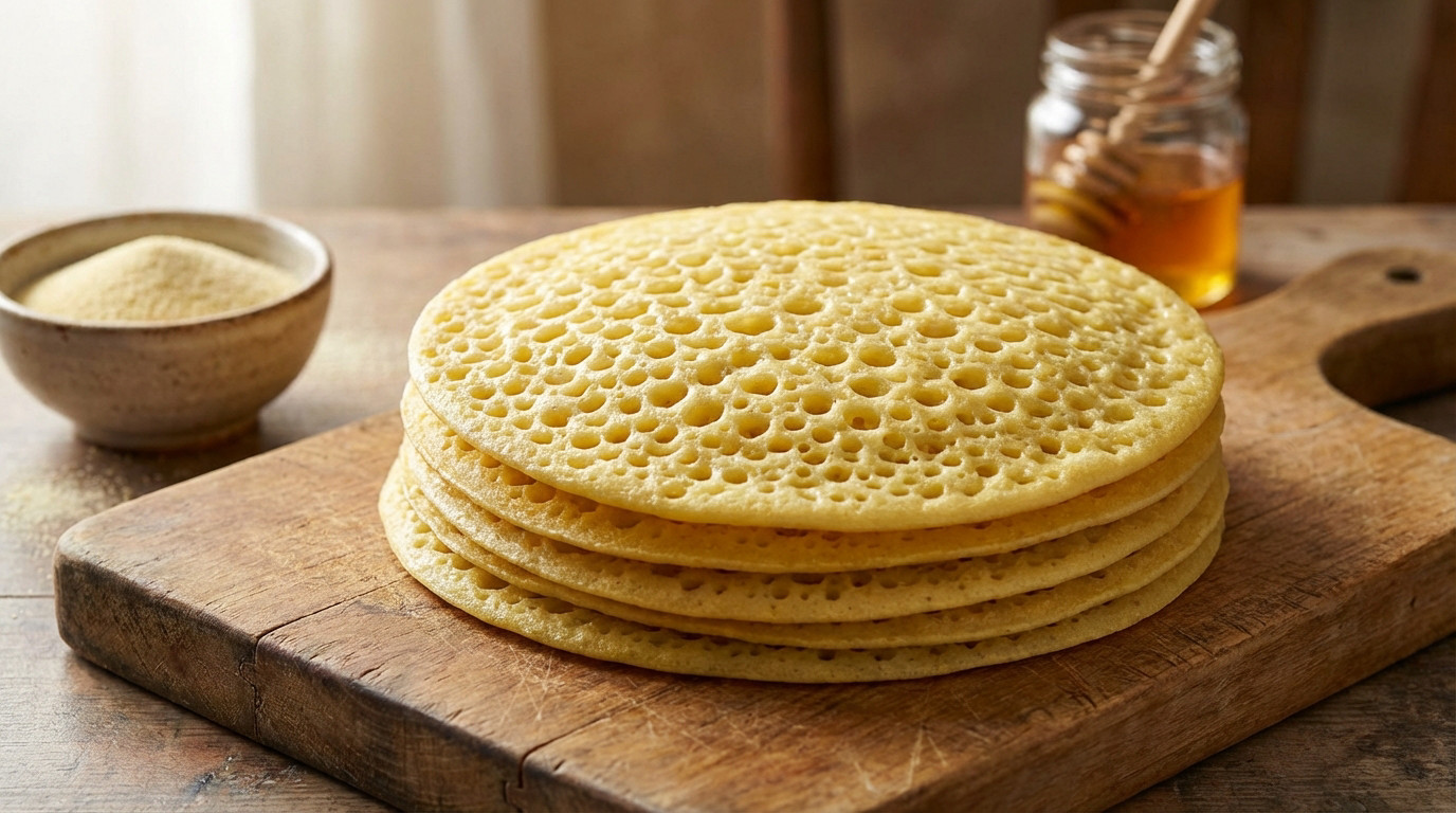Stack of golden Baghrir pancakes with 'mille trous' texture on a rustic wooden board. Blurred honey jar and semolina bowl in background.