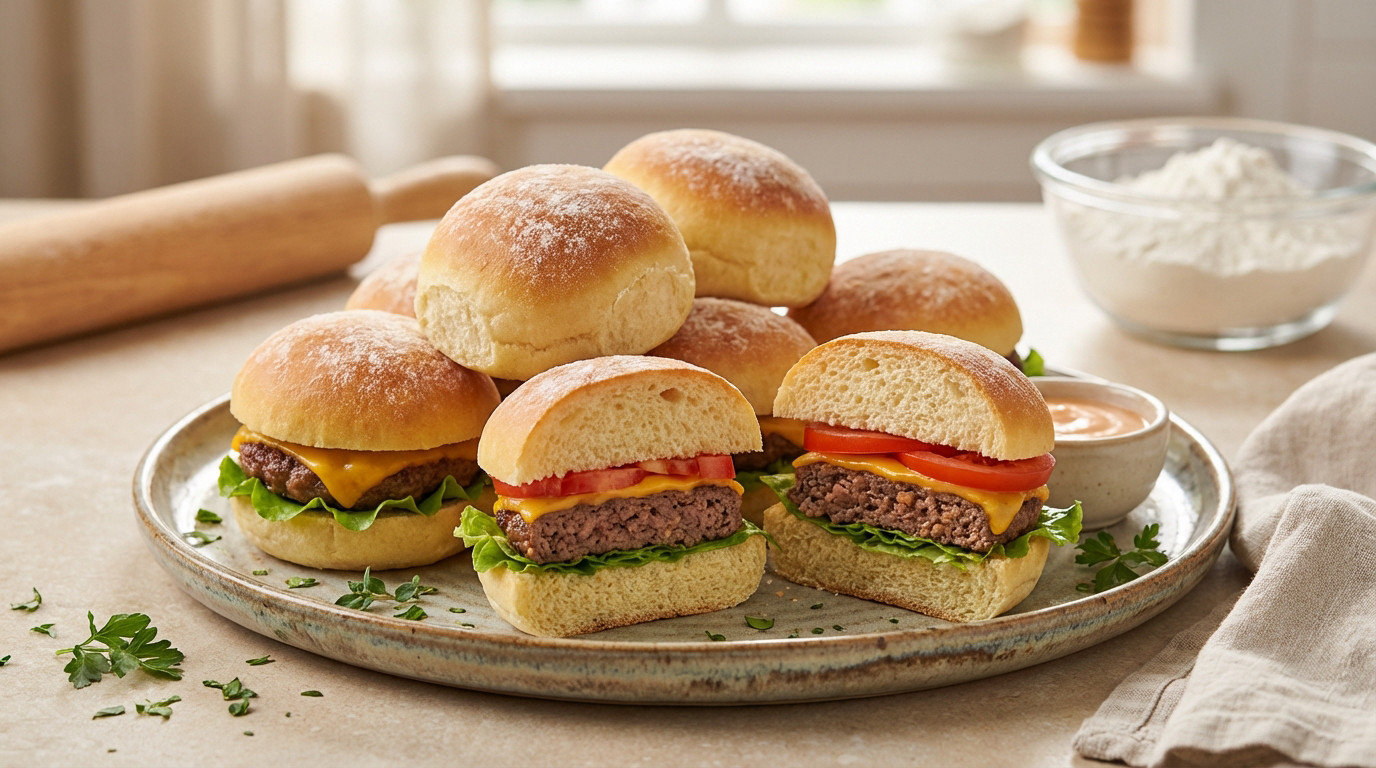 A platter of homemade mini burgers with golden, soft buns, juicy beef patties, melted cheese, lettuce, and tomato. Kitchen setting.