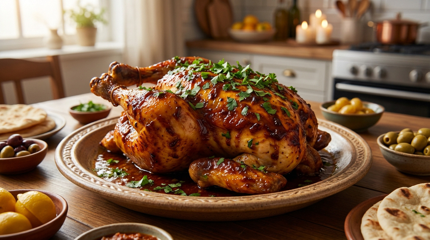 A whole roasted Moroccan chicken (Djaj Mhamer) with glossy daghmira sauce and fresh herbs on a rustic platter, surrounded by side dishes.