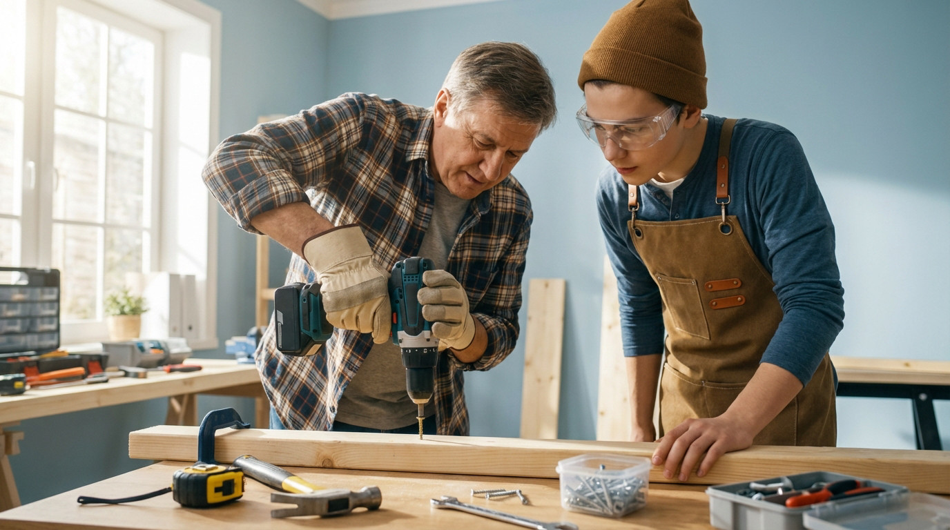 An older man teaches a younger person to use a power drill on wood, tools neatly arranged on a bright workbench.