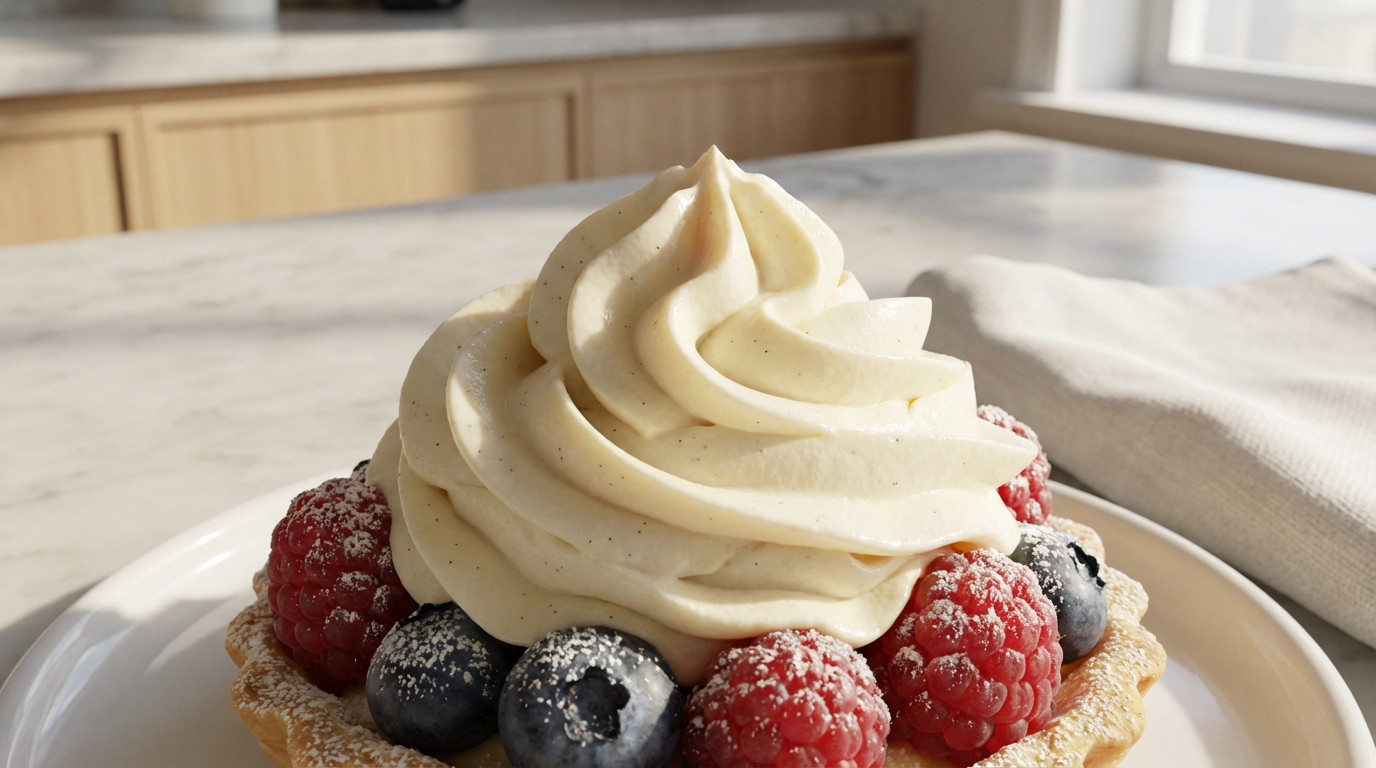Photorealistic berry tart with elegantly piped vanilla Mascarpone cream, fresh raspberries, blueberries, and powdered sugar.