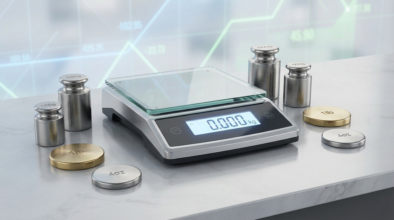 A sleek digital precision scale displays "0.000 kg," surrounded by metallic metric and imperial calibration weights on a pristine surface.