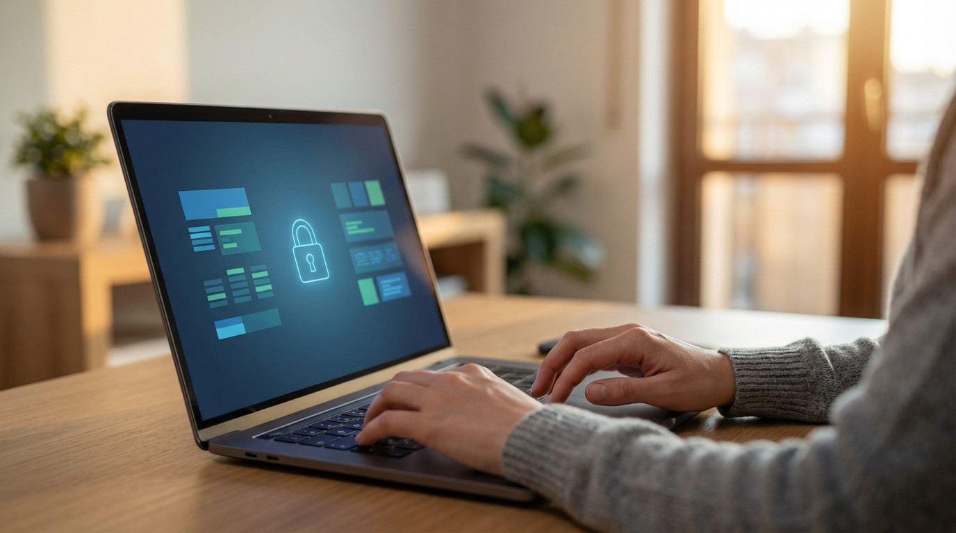 Hands type on a laptop displaying a glowing padlock and abstract data, symbolizing digital security in a warm home office.