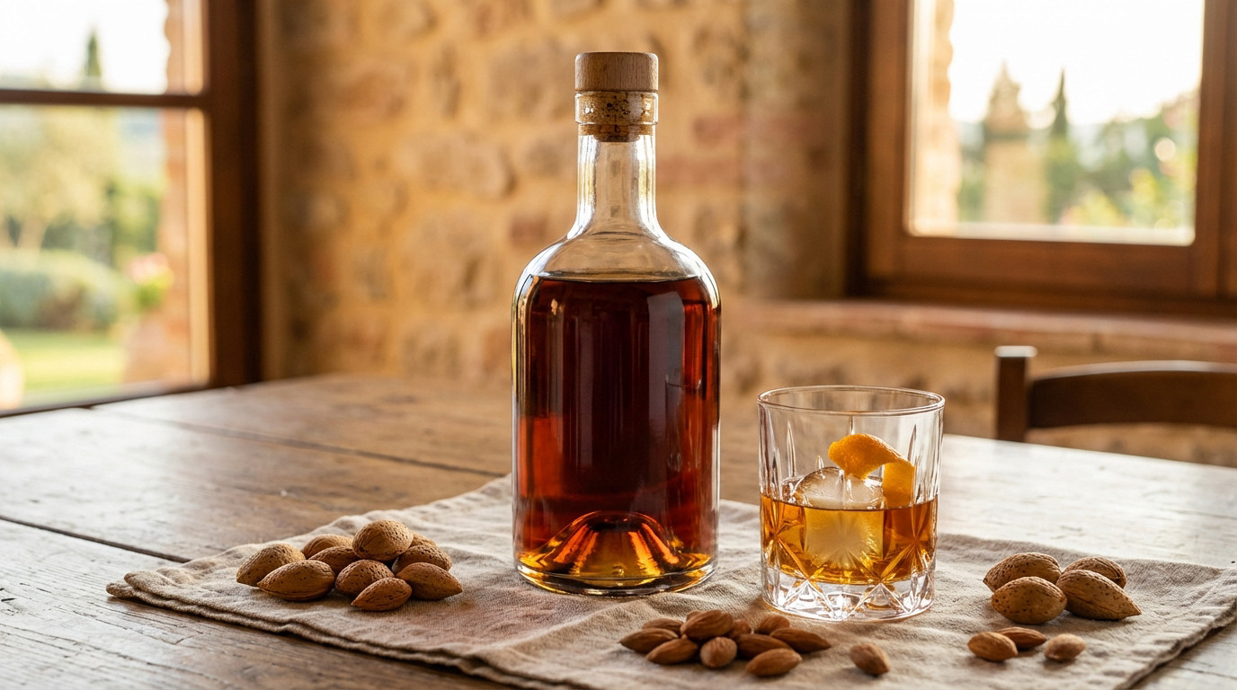 A bottle of amber Amaretto and a glass with ice, orange peel, and liqueur, surrounded by almonds on a rustic wooden table with a blurred Italian background.