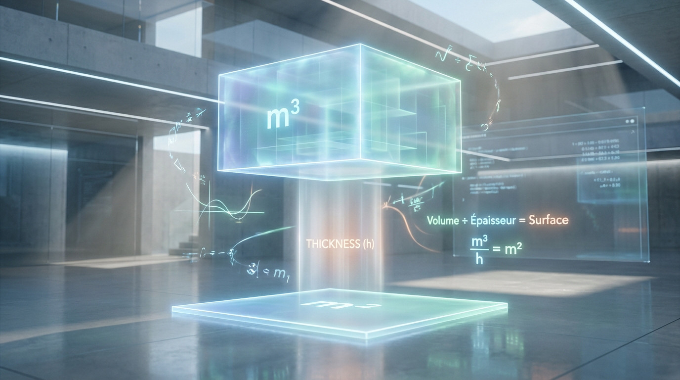Glowing 3D volume (m³) over 2D surface (m²), linked by 'thickness (h)'. Formulas 'Volume ÷ Épaisseur = Surface' projected in a futuristic space.