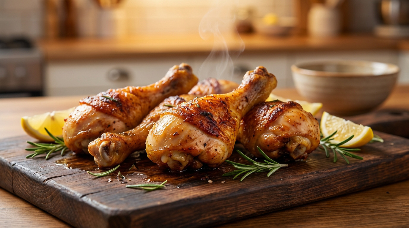 Close-up of golden brown, crispy, steaming chicken drumsticks with rosemary and lemon on a rustic wooden board.