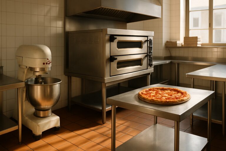 Cuisinier dans une pizzeria équipée de matériel de cuisine d’occasion, four à pizza et tables inox.