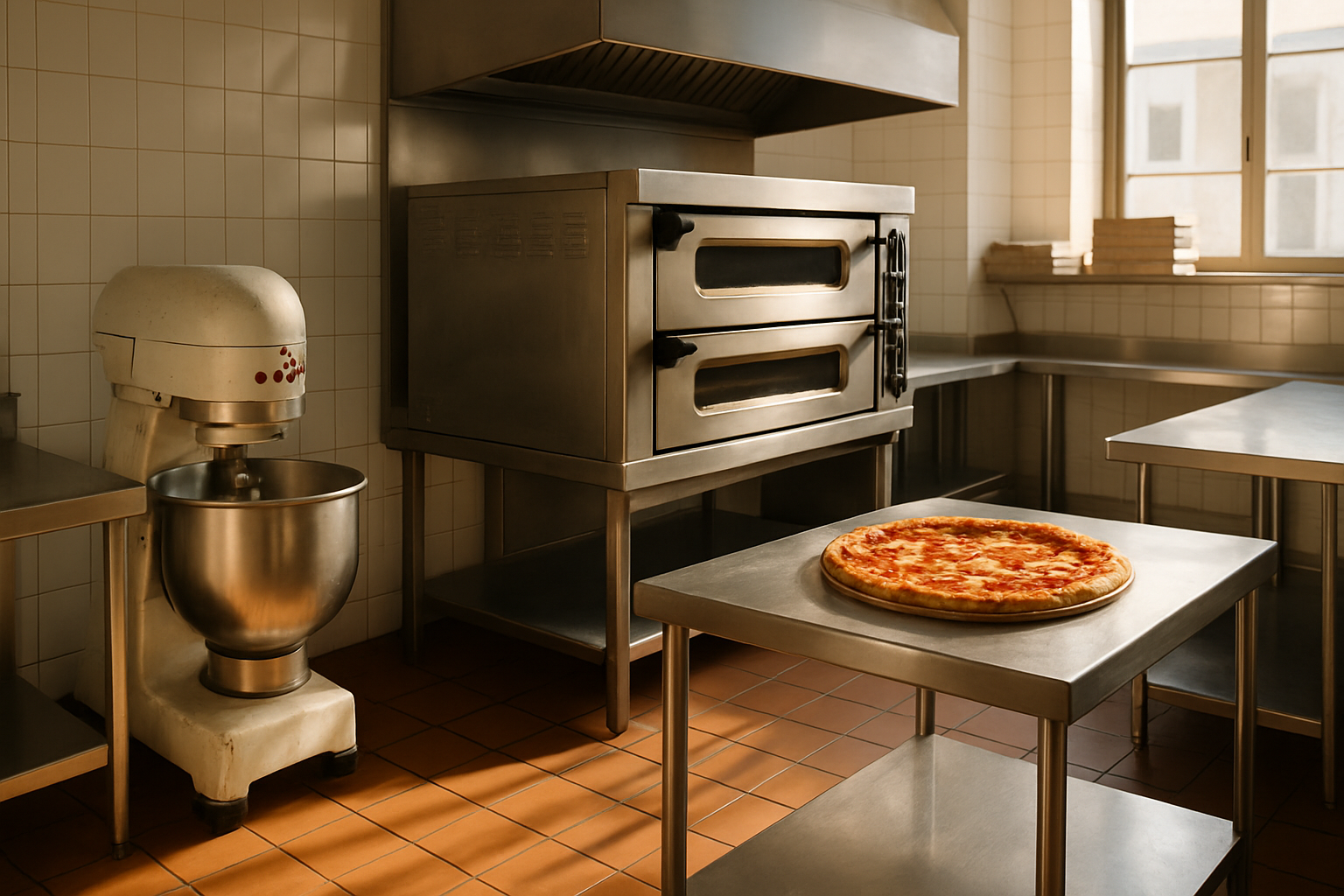 Cuisinier dans une pizzeria équipée de matériel de cuisine d’occasion, four à pizza et tables inox.