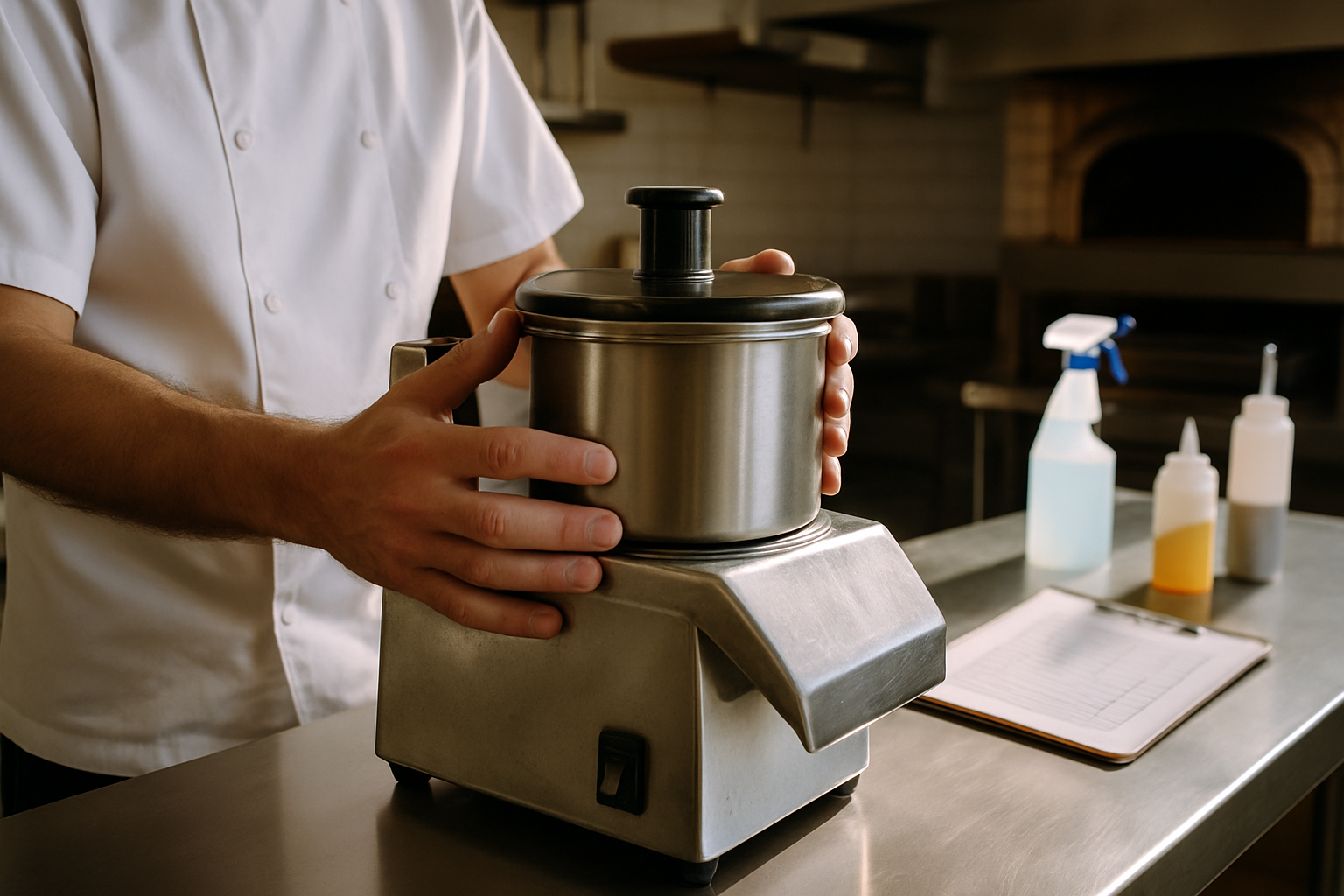 matériel de cuisine d'occasion Chef inspectant attentivement un robot coupe d'occasion sur une table d'inox.
